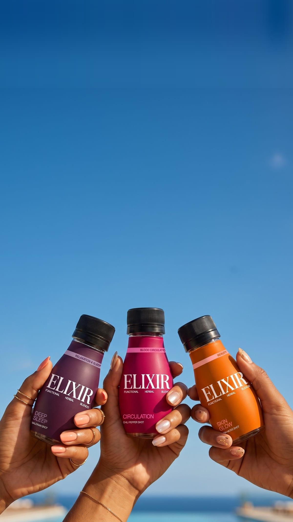 Three hands holding Elixir shots against a blue sky: Deep Sleep, Circulation and Skin Glow
